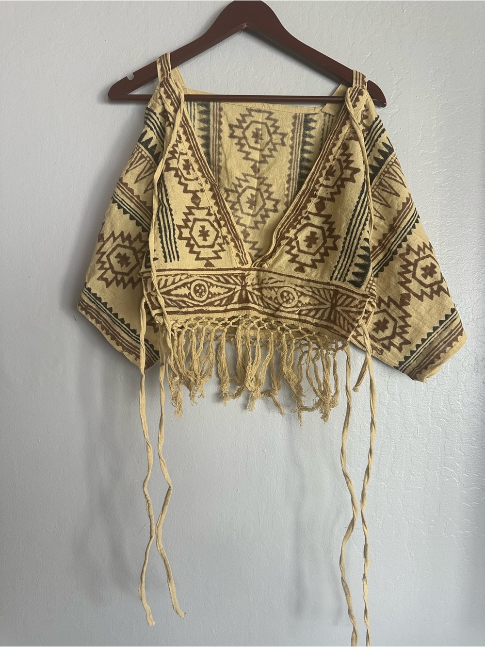 Bohemian Fringe Cropped V-Neck Top in Beige and Brown